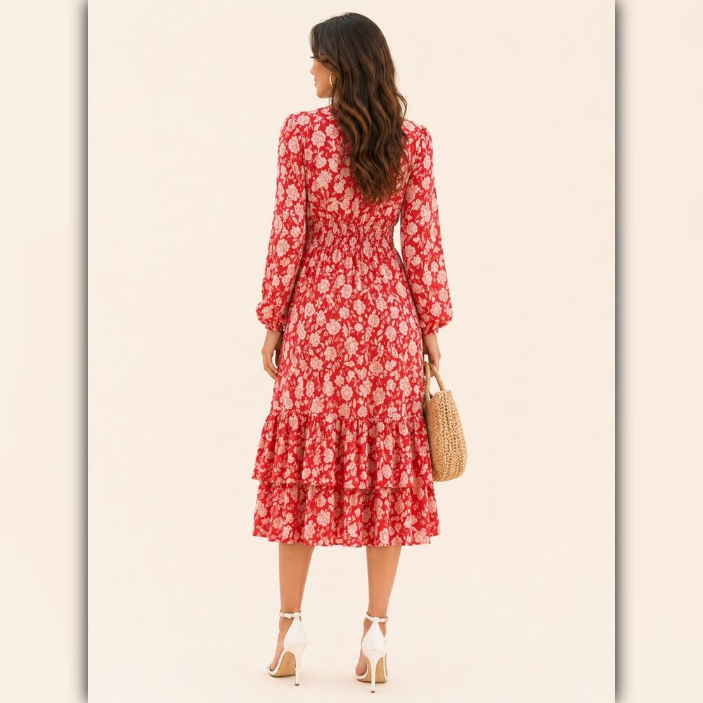 A047 • Coral Floral Tiered Midi Dress With Long Sleeves - Picture 3 of 3
